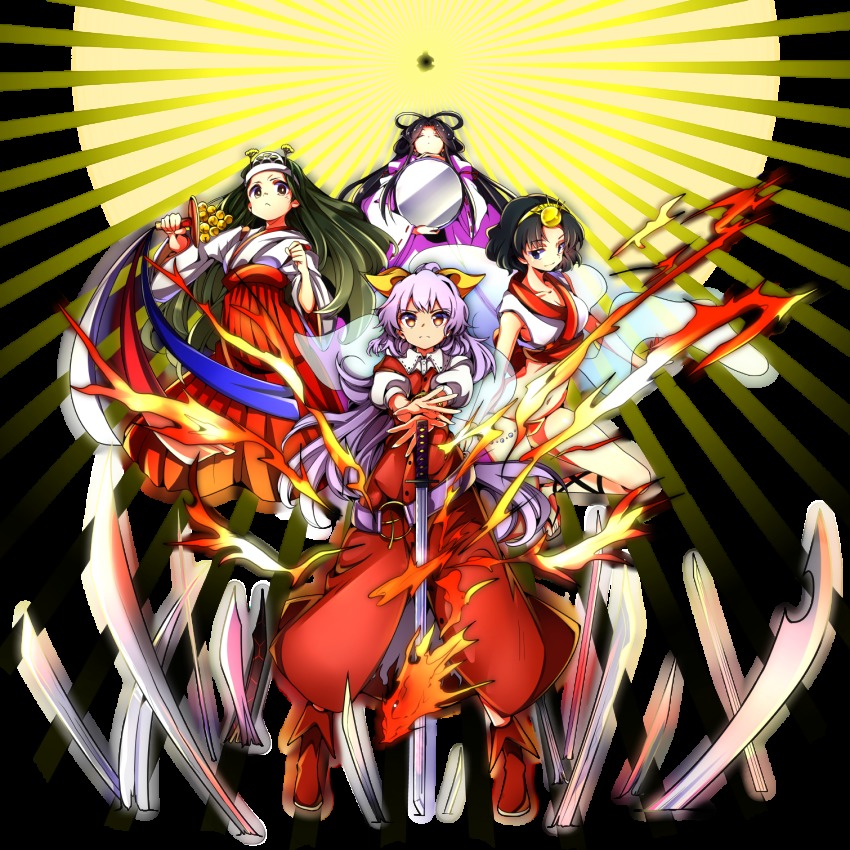 >:(, 4girls, ame_no_uzume, baba_(baba_seimaijo), baggy_pants, bell, belt, belt_skirt