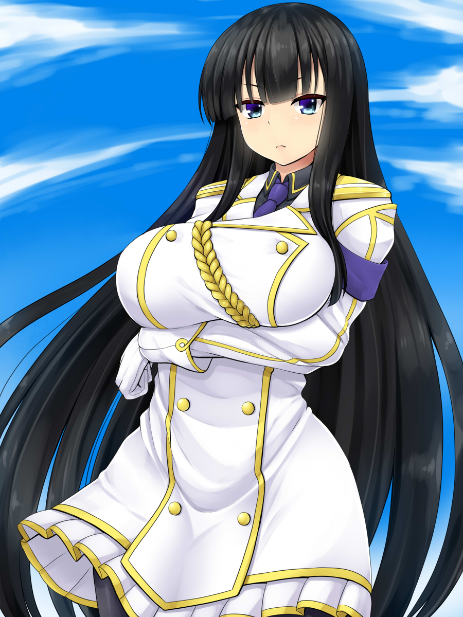 10s, black_hair, blue_eyes, breasts, folding_arms, highres, hime_cut, ikaruga_(senran_kagura), large_breasts, military_outfit, senran_kagura