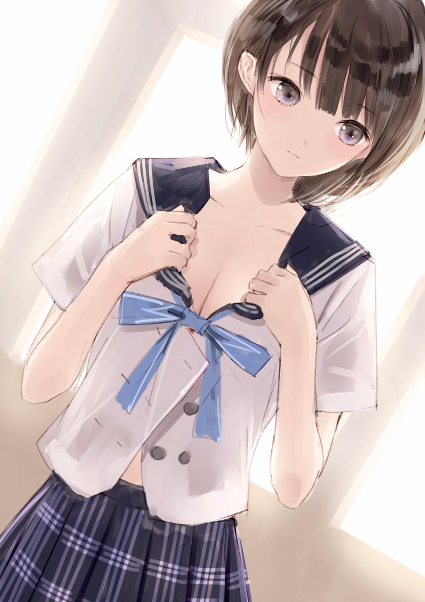 1girl, absurdres, blue_reflection_(series), blue_reflection_maboroshi_ni_mau_shoujo_no_ken, blue_skirt, bra, breasts, brown_eyes