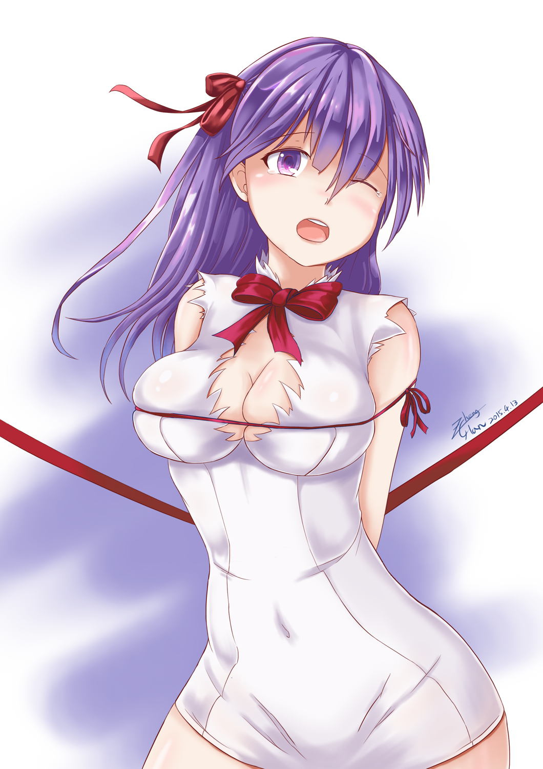 1girl, :o, breasts, cleavage, cosplay, dress, dungeon_ni_deai_wo_motomeru_no_wa_machigatteiru_darou_ka, fate/stay_night