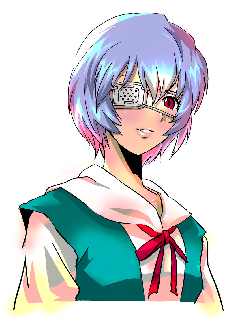 ayanami_rei, blue_hair, eyepatch, kamoroosaazu, neon_genesis_evangelion, red_eyes, school_uniform, serafuku