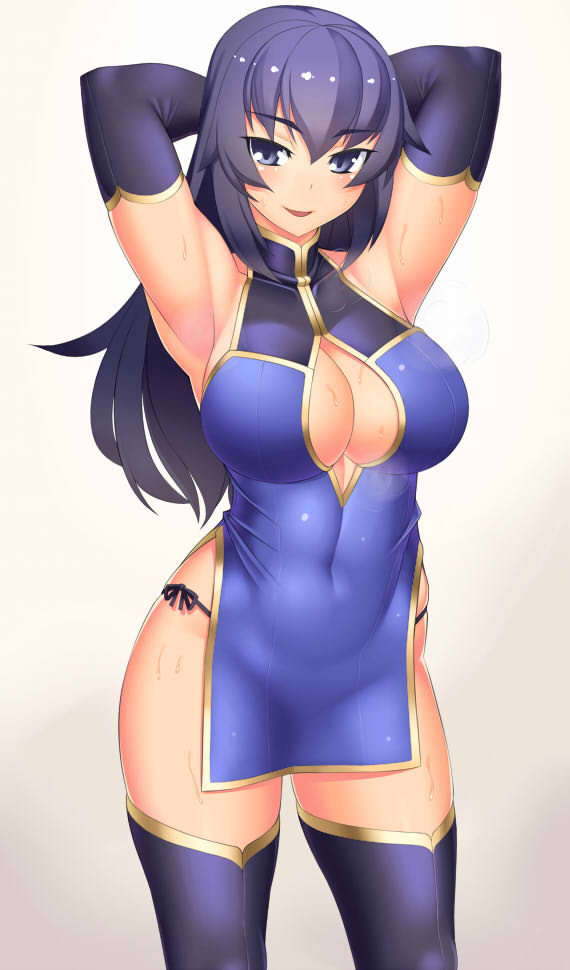 1girl, armpits, arms_behind_head, arms_up, blush, breasts, china_dress, chinese_clothes