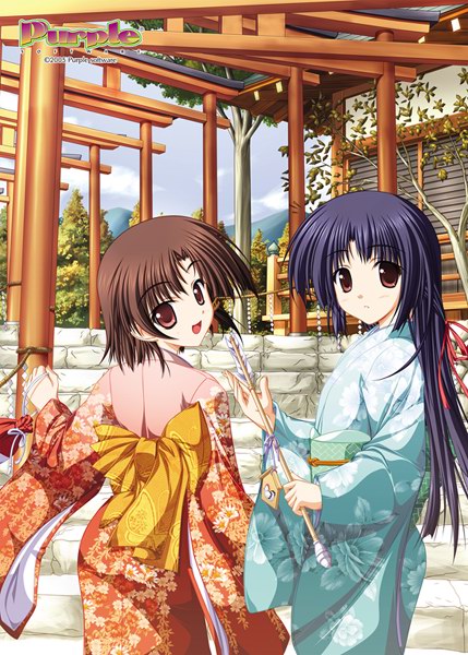 2girls, akiiro_renka, arrow_(projectile), cowboy_shot, day, ema, festival, hamaya