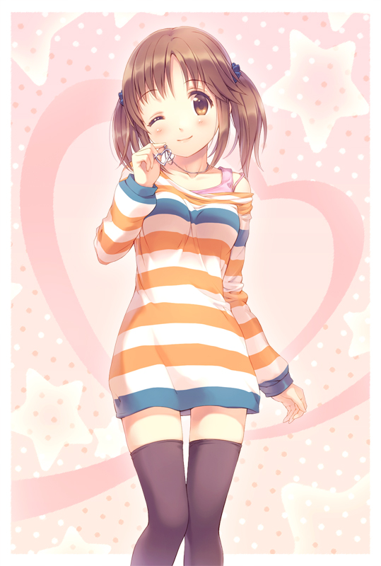 10s, 1girl, ;), bare_shoulders, black_thighhighs, blush, breasts, brown_eyes