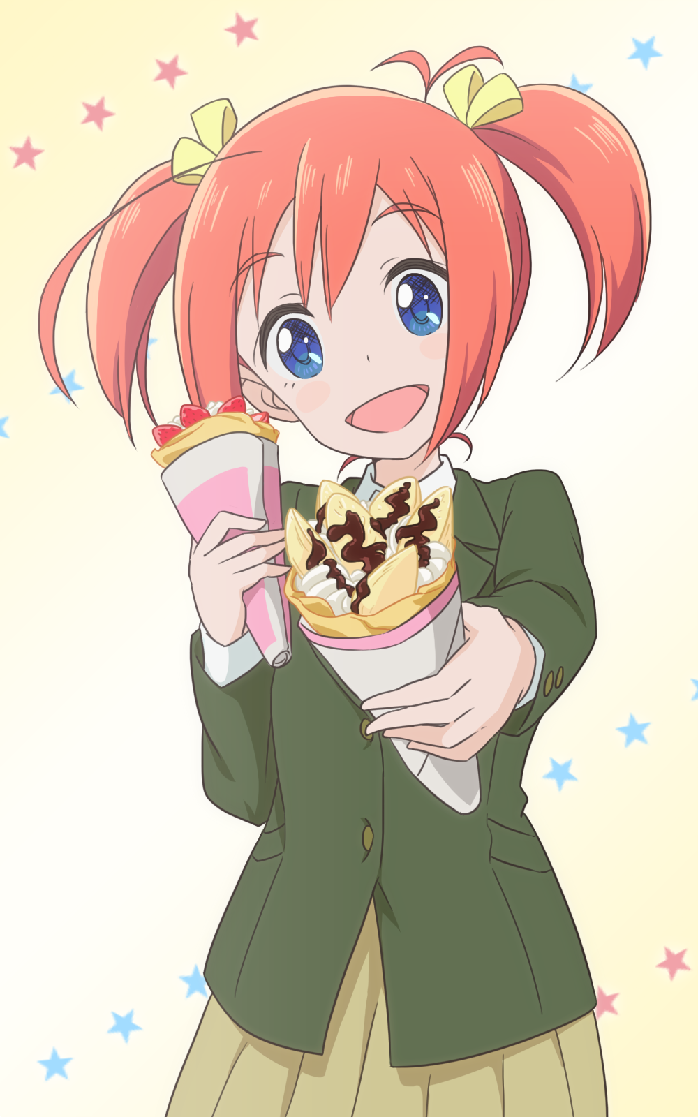 1girl, :d, ahoge, antenna_hair, blue_eyes, blush_stickers, bow, buttons, cardigan, commentary_request, crepe, dual_persona, female_focus, flip_flappers, food, giving, hair_bow, head_tilt, highres, holding, holding_crepe, holding_food, huge_ahoge, looking_at_viewer, open_mouth, orange_hair, papika_(flip_flappers), papino_(flip_flappers), pleated_skirt, red_star_(toranecomet), school_uniform, simple_background, skirt, smile, solo, star_(symbol), twintails