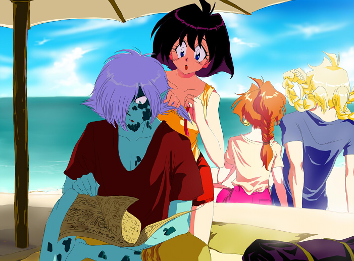 2boys, 2girls, alternate_hairstyle, amelia_wil_tesla_seyruun, beach, blue_skin, braid, colored_skin