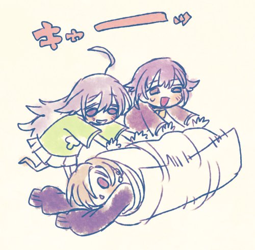 10s, 3girls, :<, ahoge, artist_name, asymmetrical_hair, bare_legs, blonde_hair