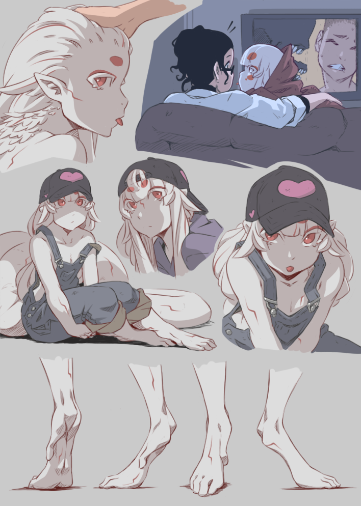 2girls, ad-6-0001a, alien, alien_(1979), alien_(series), alien_3, backwards_hat, bangs_pinned_back, baseball_cap, black-framed_eyewear, black_eyes, black_hair, reference_sheet, clenched_teeth, colored_skin, couch, dr._m.s., dr._molly_simon, ellen_ripley, eye_contact, feet, female_focus, from_behind, glasses, grey_background, hat, headpat, heart, high_ponytail, hushabye, lab_coat, long_hair, looking_at_another, monster_girl, multiple_girls, naked_overalls, notice_lines, original, overalls, pointy_ears, ponytail, project_a.d.a., red_eyes, sitting, strap_slip, tail, teeth, television, tongue, tongue_out, watching_television, white_hair, white_skin, xenomorph