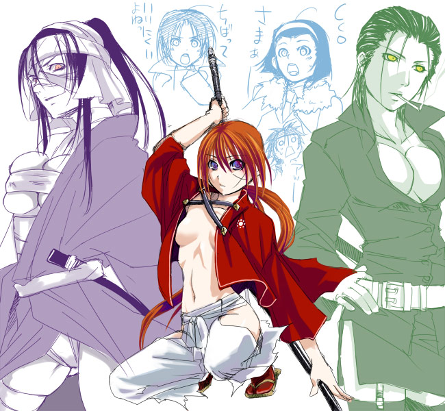 5girls, bad_id, bad_pixiv_id, blue_eyes, cigarette, gender_request, genderswap, himura_kenshin, itacurry, japanese_clothes, multiple_girls, nameko, ponytail, red_hair, rurouni_kenshin, sadojima_houji, saitou_hajime, saitou_hajime_(rurouni_kenshin), sheath, shinomori_aoshi, shishio_makoto, smoking, sword, thighhighs, topless_female, translation_request, weapon
