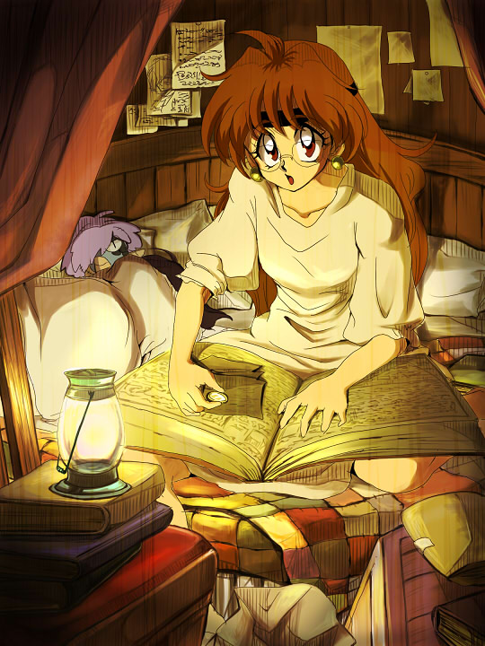 1boy, 2girls, amelia_wil_tesla_seyruun, bespectacled, book, earrings, glasses, headband