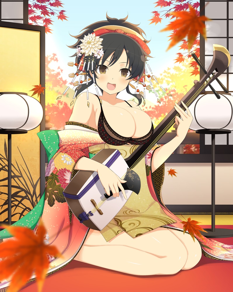 10s, 1girl, :d, alternate_costume, alternate_hairstyle, asuka_(senran_kagura), autumn_leaves, bare_shoulders