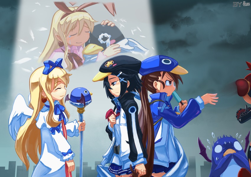 4girls, ^_^, angel_wings, asagiri_asagi, back-to-back, black_eyes, black_hair, blonde_hair, blue_ribbon, blue_skirt, blush_stickers, brown_eyes, brown_hair, clenched_hand, closed_eyes, closed_mouth, covering_own_mouth, crying, crying_with_eyes_open, disgaea, earrings, eating, empty_eyes, etna_(disgaea), facing_another, facing_away, feathers, flat_cap, flonne, flonne_(archangel), flonne_(fallen_angel), flying_sweatdrops, food, from_side, frown, gloom_(expression), hair_ornament, hair_ribbon, hand_on_own_chest, hand_over_own_mouth, hat, heart, heart_earrings, heei_juun, holding, holding_another's_hair, holding_food, holding_staff, index_finger_raised, jacket, jewelry, kazamatsuri_fuuka, long_hair, looking_at_another, looking_down, makai_senki_disgaea, makai_senki_disgaea_4, multiple_girls, neck_ribbon, neckerchief, nippon_ichi, o_o, open_clothes, open_jacket, out_of_frame, overcast, pleated_skirt, pointy_ears, popsicle, prinny, red_ribbon, ribbon, sideways_mouth, skirt, sky, smile, spotlight, staff, streaming_tears, tears, twintails, very_long_hair, white_feathers, white_wings, wings, x_hair_ornament