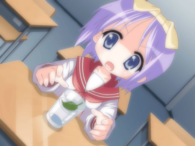 1girl, :o, blue_eyes, blush, classroom, cup, desk, drinking_glass, dutch_angle, female_focus, from_above, game_cg, glass, hair_ribbon, hiiragi_tsukasa, hunter_x_hunter, indoors, leaf, lucky_star, lucky_star_~ryouou_gakuen_outousai~, non-web_source, official_art, open_mouth, parody, purple_hair, ribbon, ryouou_gakuen_outousai, school, school_desk, school_uniform, serafuku, short_hair, sitting, solo, surprised, yoshimizu_kagami