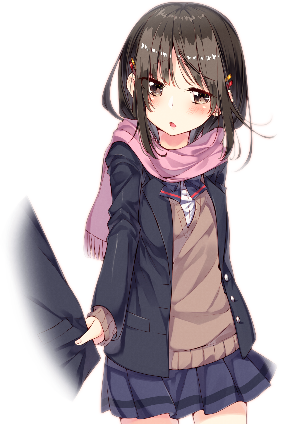 1girl, aikawa_sora, bad_id, bad_pixiv_id, black_skirt, blazer, blue_bow, blue_bowtie, blush, bow, bowtie, brown_eyes, brown_hair, chestnut_mouth, enpera, fringe_trim, hair_ornament, hairclip, highres, jacket, long_hair, long_sleeves, looking_at_another, open_mouth, original, out_of_frame, pink_scarf, pleated_skirt, sakuragi_ren, scarf, school_uniform, shirt, simple_background, skirt, sleeves_past_wrists, solo_focus, sweater, tug, white_background, white_shirt