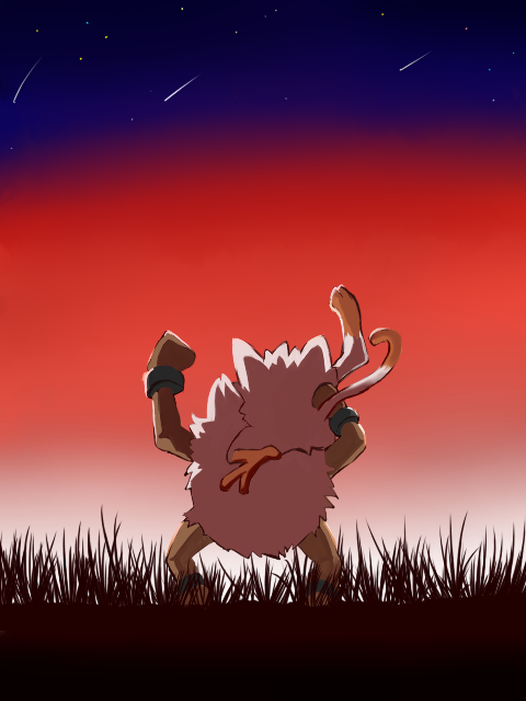 baku_densouro, gen_1_pokemon, grass, mankey, night, nintendo, no_humans, pokemon, pokemon_(creature), primeape, sky