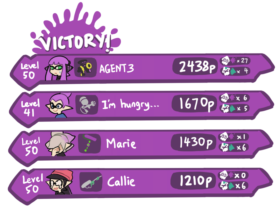 1boy, 3girls, aerospray_(splatoon), agent_3_(splatoon), black_hair, blunt_bangs, callie_(splatoon), e-liter_3k_(splatoon)