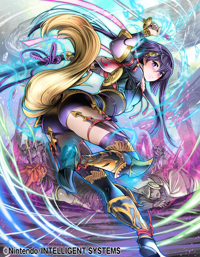 1girl, bad_id, bad_twitter_id, blue_hair, blush, boots, company_connection, copyright_name, dagger, fire_emblem, fire_emblem_cipher, holding, holding_weapon, japanese_clothes, katana, knee_boots, knife, long_hair, looking_at_viewer, looking_back, mask, nintendo, purple_eyes, purple_legwear, shorts, solo_focus, sword, tail, thigh_strap, toyota_saori, weapon, yuzu_(fire_emblem)