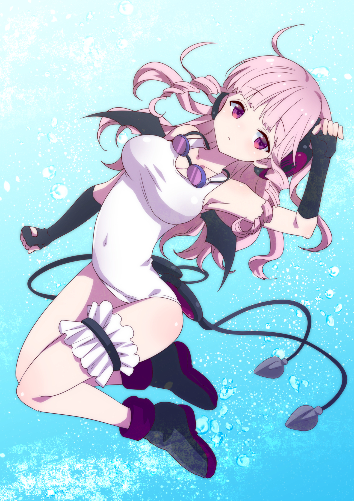 10s, 1girl, :<, black_boots, boots, breasts, bubble, clenched_hand