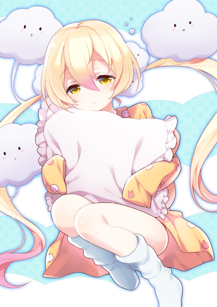 10s, 1girl, :d, animal_print, blonde_hair, blush, cloud, cloud_print