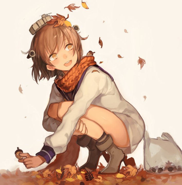 10s, 1girl, :d, acorn, autumn, autumn_leaves, bag, brown_eyes