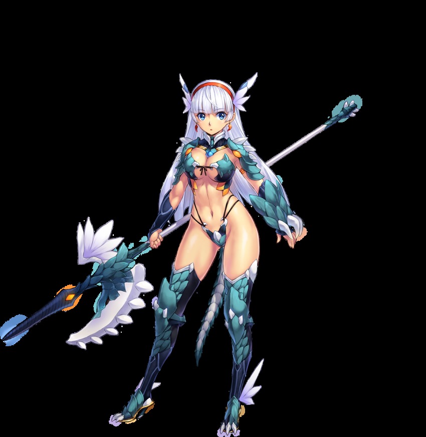 1girl, armor, bikini_armor, blue_eyes, breasts, contrapposto, dragon_tail, earrings, female_focus, full_body, hair_ornament, head_wings, jewelry, large_breasts, long_hair, lucille_(sennen_sensou_aigis), sennen_sensou_aigis, solo, standing, tail, thighhighs, transparent_background, uchiu_kazuma, weapon, white_hair, wings