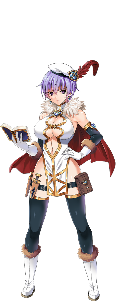 1girl, bare_hips, bare_shoulders, black_hair, black_thighhighs, book, boots, breasts, capelet, cleavage, earrings, elbow_gloves, female_focus, full_body, fur_trim, gloves, hand_on_own_hip, hat_feather, highres, holding, holding_book, holster, jewelry, knife, kyogoku_shin, large_breasts, leona_(sennen_sensou_aigis), navel, no_bra, official_art, pelvic_curtain, purple_eyes, purple_hair, sennen_sensou_aigis, serious, short_hair, solo, thigh_holster, thighhighs, transparent_background, white_gloves