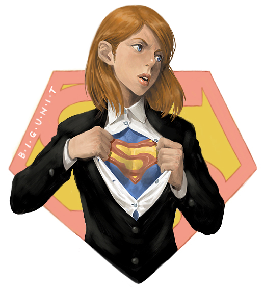 1girl, alien, bigunit, blue_eyes, buttoned_cuffs, buttons, dc_comics, female_focus, formal_clothes, kryptonian, open_clothes, open_shirt, pant_suit, pants, red_hair, s_shield, shirt, short_hair, solo, suit, supergirl, superman_(series), undressing