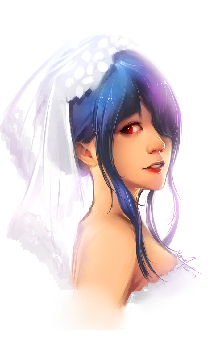 10s, 1girl, 2016, artist_name, bare_shoulders, blue_hair, bridal_veil, bride