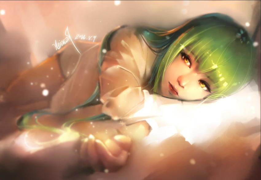 1girl, artist_name, c.c., code_geass, dated, female_focus, green_hair, hein27