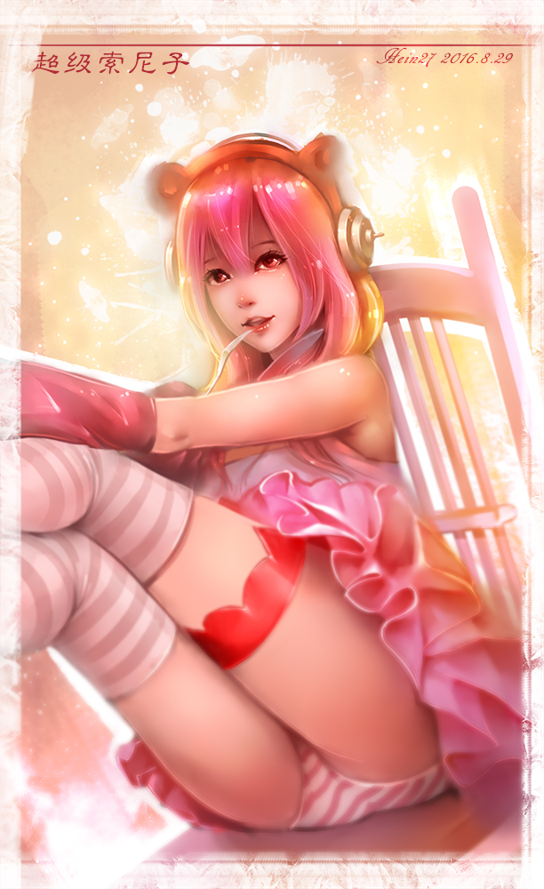 1girl, artist_name, dated, female_focus, grg_x_super_sonico, headphones, hein27, lips