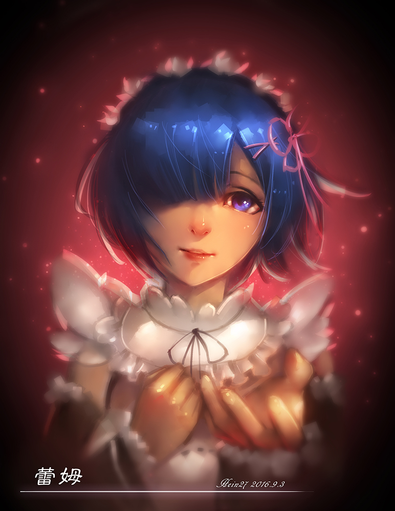 10s, 1girl, artist_name, blue_eyes, blue_hair, dated, female_focus, hair_ornament, hair_over_one_eye, hein27, looking_at_viewer, maid, matching_hair/eyes, outstretched_hand, re:zero_kara_hajimeru_isekai_seikatsu, reaching, reaching_towards_viewer, rem_(re:zero), short_hair, solo, upper_body