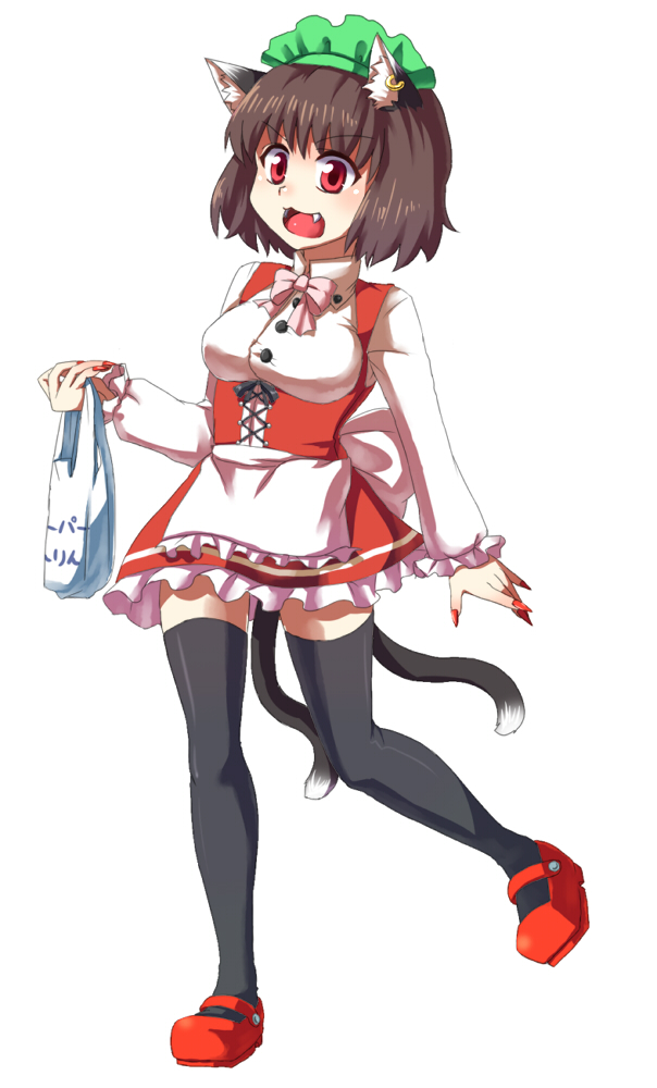 1girl, animal_ears, bad_id, bad_pixiv_id, bag, black_thighhighs, breasts, brown_hair, cat_ears, cat_girl, cat_tail, chen, earrings, fang, female_focus, full_body, hat, jewelry, maid, mizu_mochi, multiple_tails, red_eyes, ribbon, short_hair, simple_background, solo, tail, thighhighs, touhou, white_background, zettai_ryouiki