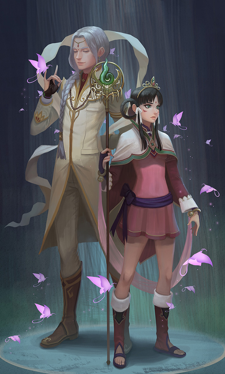 1boy, 1girl, ace_attorney, black_gloves, black_hair, boots, bracelet, braid