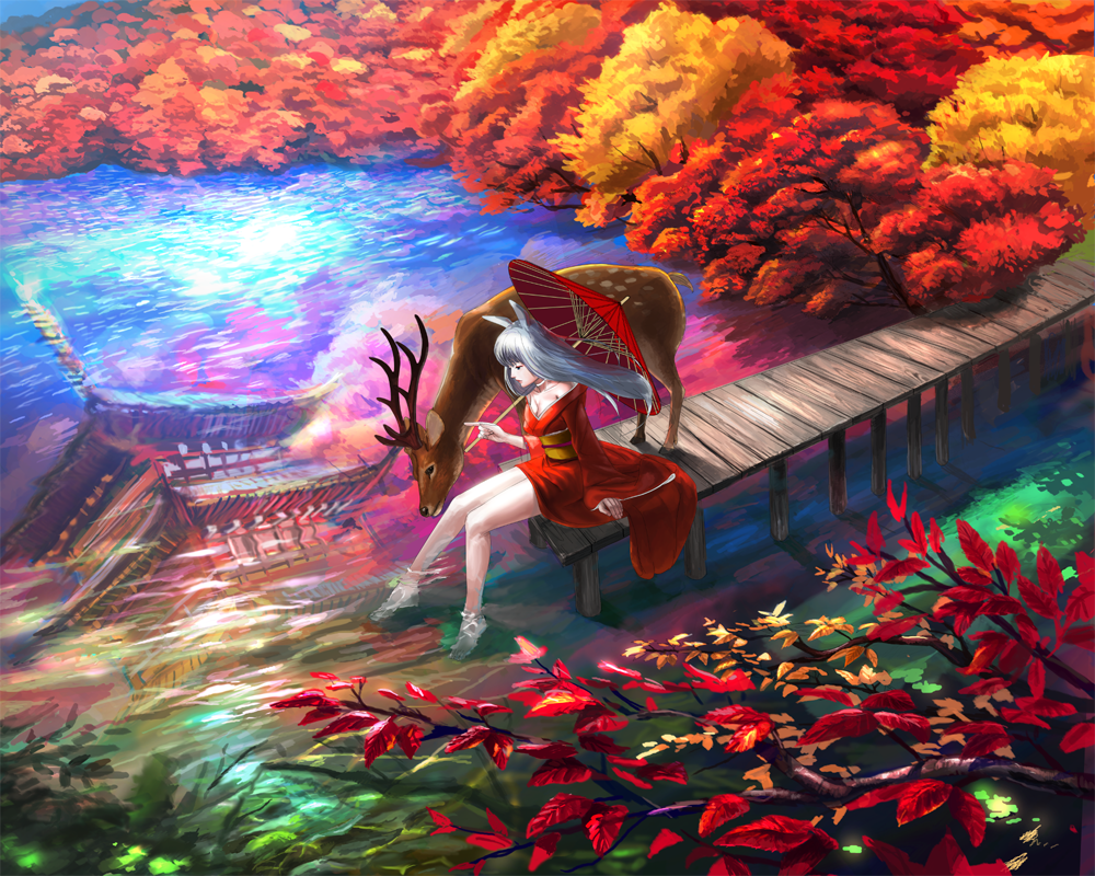 1girl, animal, animal_ears, architecture, arm_support, autumn_leaves, barefoot, breasts