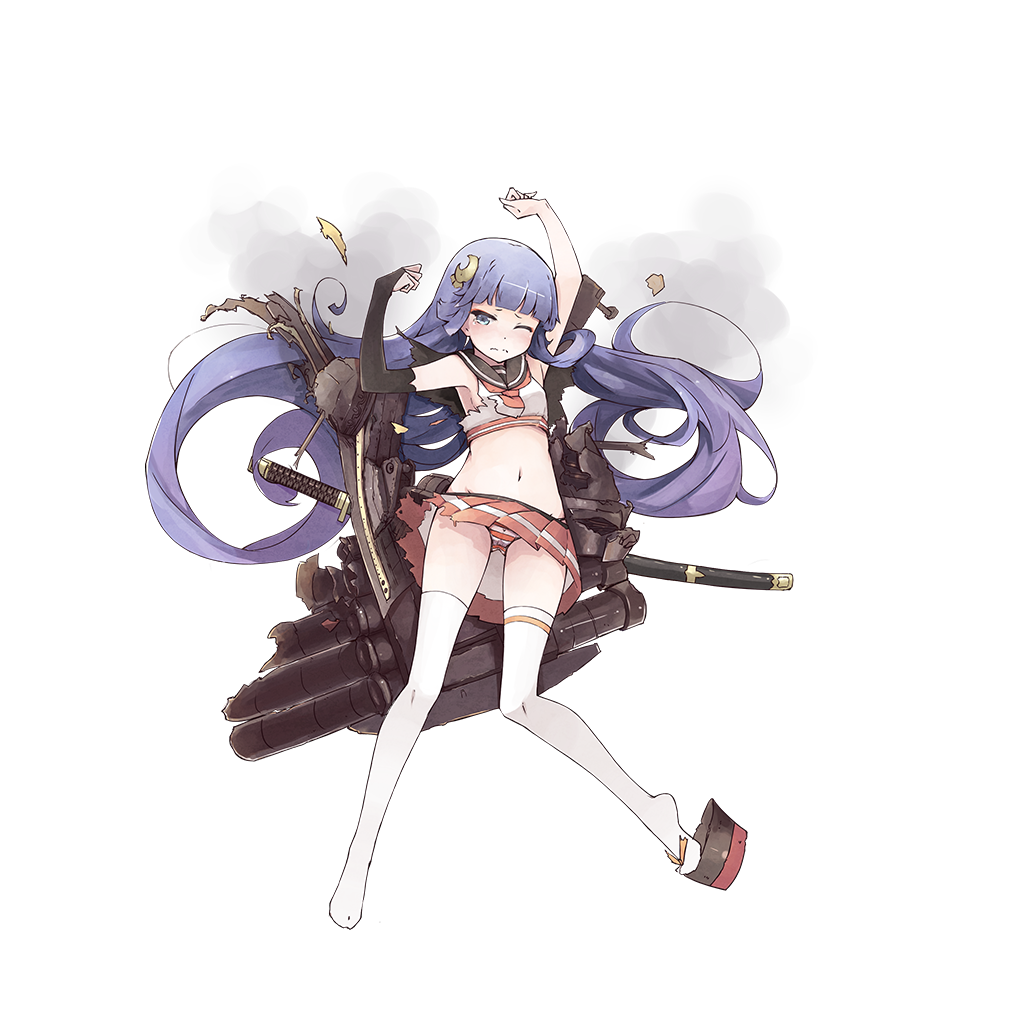 1girl, akizuki_(warship_girls_r), arms_up, black_gloves, blue_eyes, blue_hair, blunt_bangs, blush