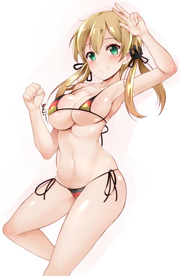 10s, 1girl, anchor_hair_ornament, arm_up, asymmetrical_breasts, bikini, blonde_hair, blush