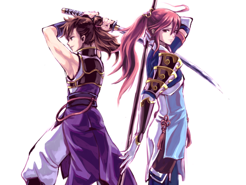 2boys, armor, brown_hair, fire_emblem, fire_emblem_fates, grin, hinata_(fire_emblem), japanese_clothes