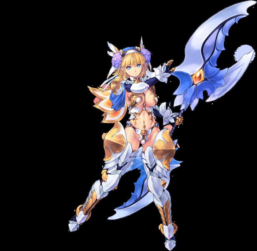 1girl, armor, armored_boots, awakening_(sennen_sensou_aigis), bikini_armor, blonde_hair, blue_eyes, boots, cynthia_(sennen_sensou_aigis), female_focus, full_body, gloves, headdress, highres, holding, holding_weapon, huge_weapon, long_hair, looking_at_viewer, navel, official_art, sennen_sensou_aigis, solo, transparent_background, uchiu_kazuma, weapon