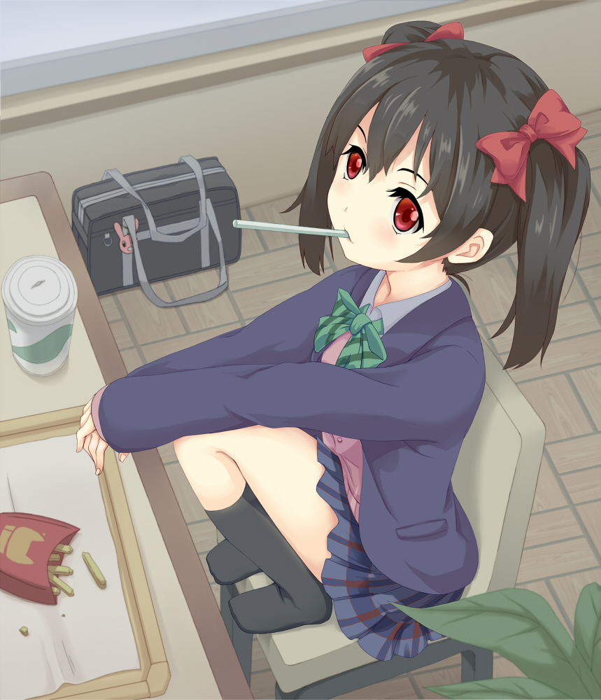 10s, 1girl, black_hair, female_focus, long_sleeves, love_live!, love_live!_school_idol_project, red_eyes, school_uniform, short_twintails, sleeves_past_wrists, solo, tarian, twintails, yazawa_nico