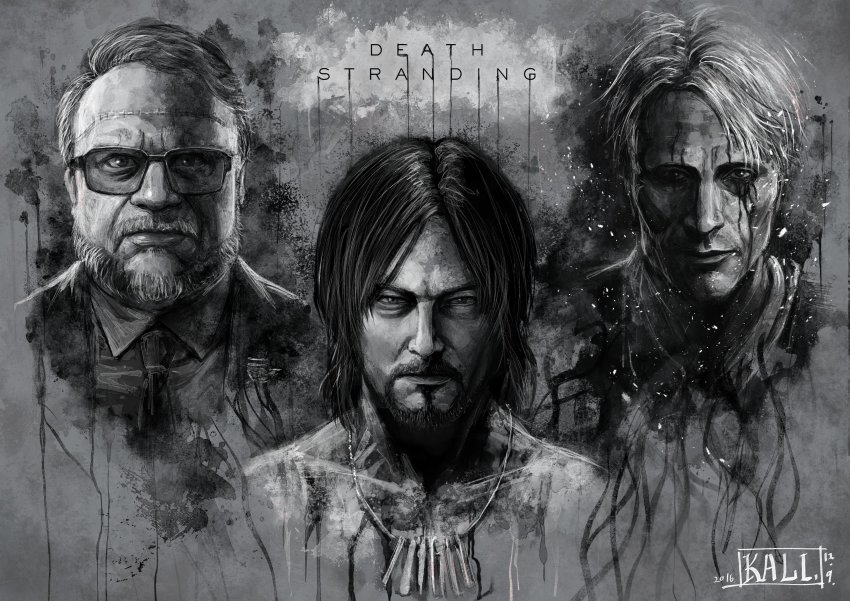 3boys, absurdres, beard, clifford_unger, copyright_name, deadman_(death_stranding), death_stranding, facial_hair, glasses, guillermo_del_toro, highres, mads_mikkelsen, male_focus, monochrome, multiple_boys, norman_reedus, sam_porter_bridges, scar, surgical_scar, thugkali, title, upper_body
