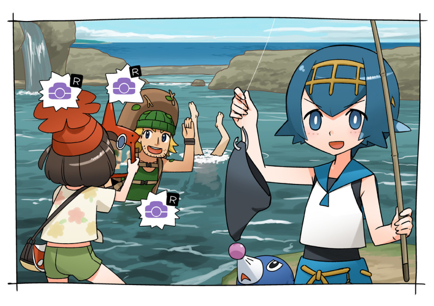 2boys, 2girls, assisted_exposure, black_male_swimwear, black_swim_briefs, blush, camera, cloud, fishing, gen_4_pokemon, gen_7_pokemon, happy, hiker_(pokemon), hirai_yukio, inugami-ke_no_ichizoku_pose, lana_(pokemon), male_swimwear, male_swimwear_removed, multiple_boys, multiple_girls, nintendo, ocean, open_mouth, partially_submerged, pokedex, pokemon, pokemon_(creature), pokemon_sun_and_moon, popplio, rod, rotom, selene_(pokemon), sky, swim_briefs, swimmer_(pokemon), swimsuit, taking_picture, trial_captain, unworn_swimsuit, water, waterfall