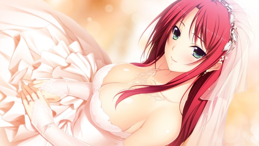 1girl, bare_shoulders, blush, breasts, bridal_veil, cleavage, collarbone, dress
