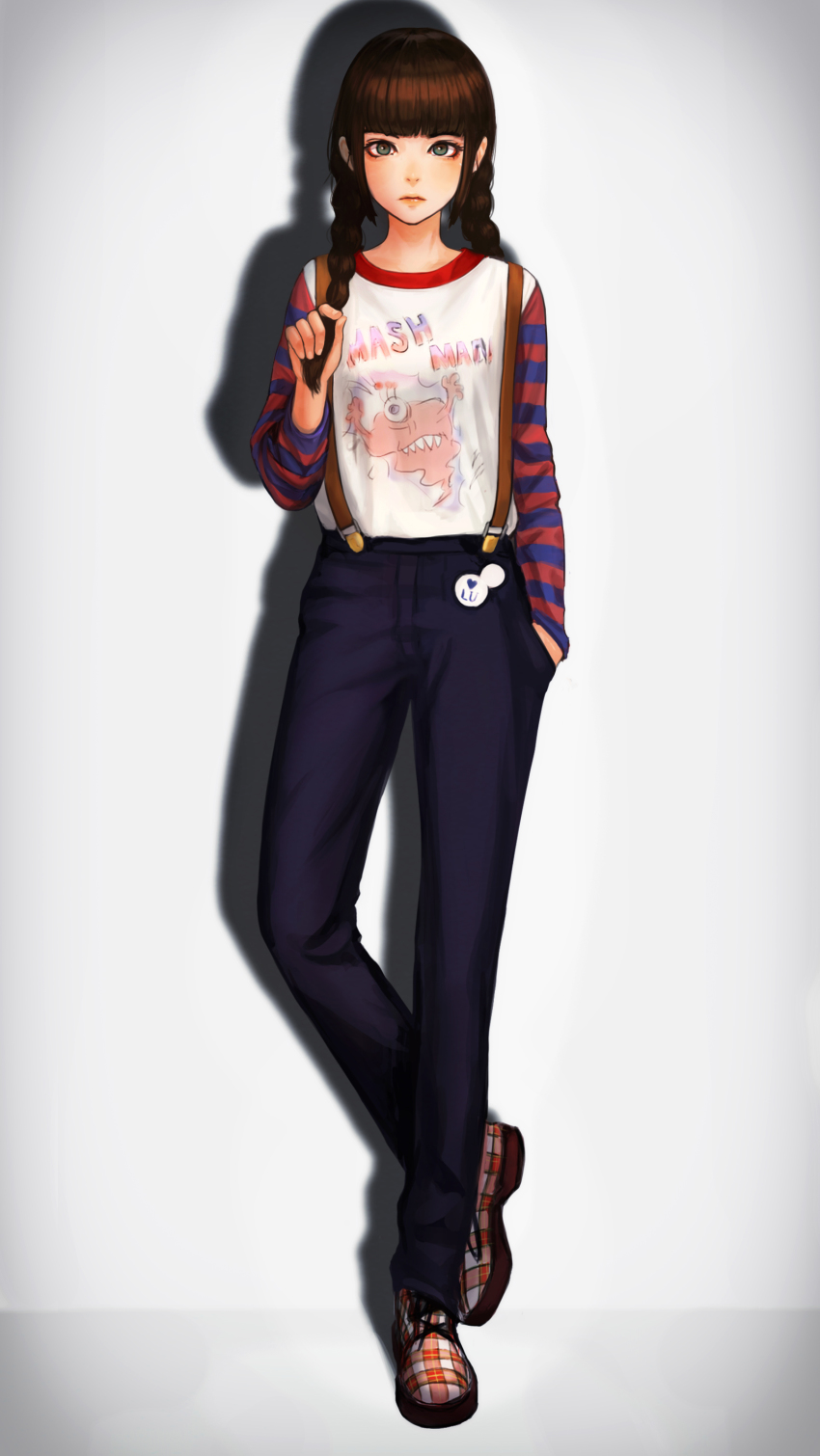 1girl, absurdres, black_pants, blunt_bangs, braid, checkered_shoes, closed_mouth, clothes_writing, expressionless, female_focus, full_body, gradient_background, green_eyes, grey_background, hand_in_pocket, highres, holding, holding_own_hair, jugon, jungon_kim, long_hair, long_sleeves, looking_at_viewer, original, pants, plaid_clothes, plaid_footwear, playing_with_own_hair, print_shirt, red_lips, shirt, shoes, simple_background, solo, standing, standing_on_one_leg, striped_sleeves, suspenders, twin_braids, white_background