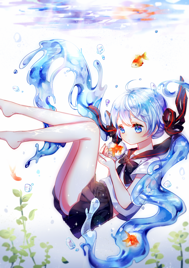 1girl, blue_eyes, blue_hair, bottle_miku, female_focus, fish, hair_ribbon, hatsune_miku