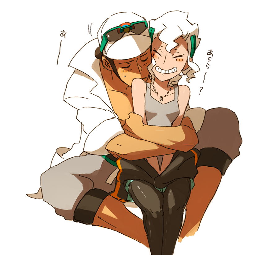 1boy, 1girl, bad_id, bad_twitter_id, baseball_cap, black_hair, professor_burnet, clothes_around_waist, couple, dark-skinned_male, dark_skin, eyewear_on_head, grin, hat, hetero, hscatter, hug, hug_from_behind, husband_and_wife, jewelry, professor_kukui, lab_coat, necklace, nintendo, pants, pokemon, pokemon_sun_and_moon, ponytail, short_hair, simple_background, sitting, sitting_on_lap, sitting_on_person, smile, sunglasses, sweatpants, tank_top, white_background, white_hair