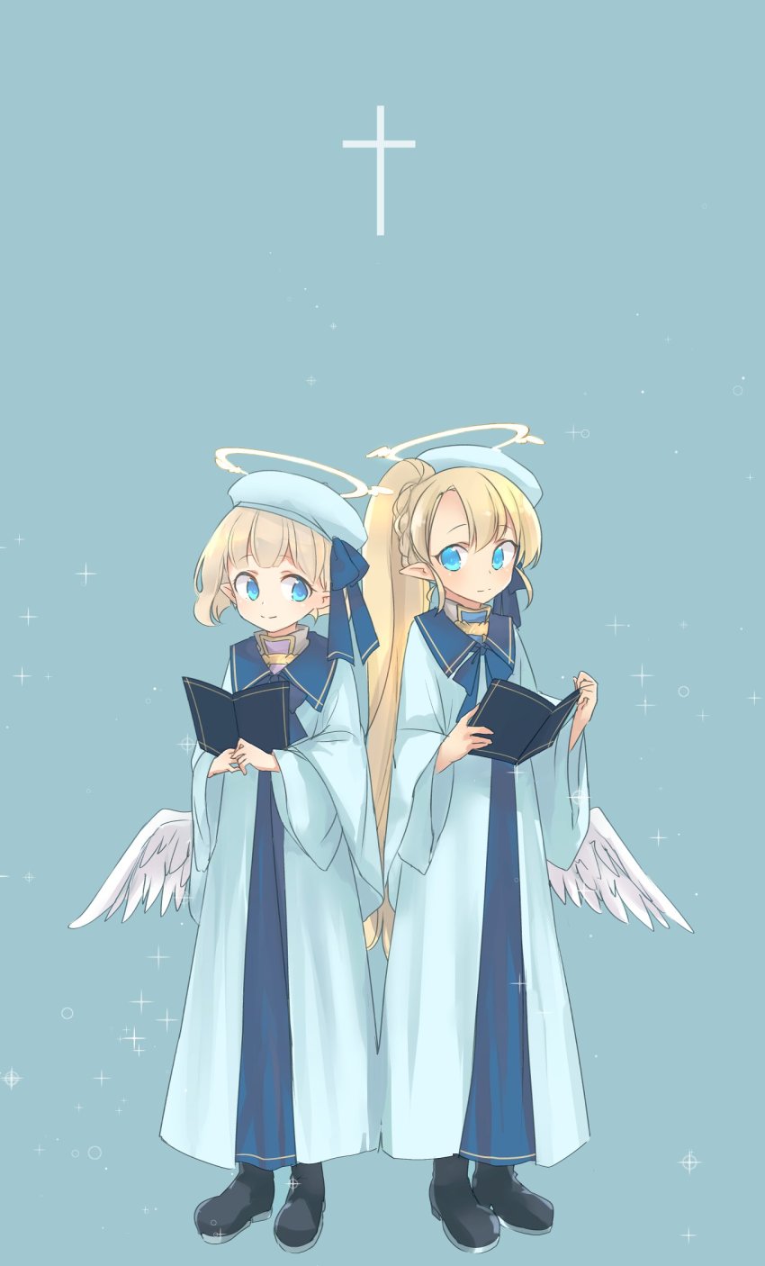 2girls, angel, angel_wings, blonde_hair, blue_eyes, blush, book, braid