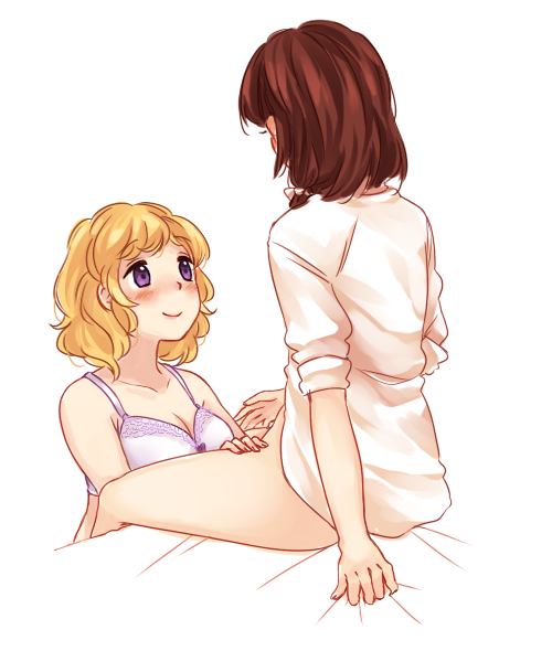 2girls, bad_id, bad_pixiv_id, blonde_hair, blush, bottomless, bra, breasts, brown_hair, cleavage, curly_hair, looking_at_another, looking_up, maribel_hearn, multiple_girls, nekolina, missing_headwear, on_bed, shirt, short_hair, sitting, smile, touhou, underwear, usami_renko, white_shirt, yuri