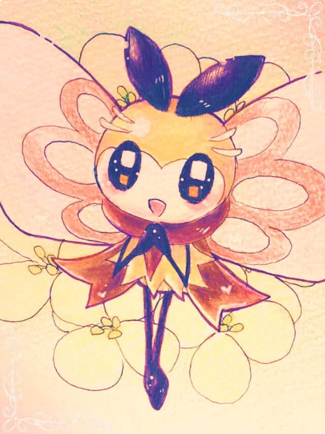 :d, aije, antennae, blush, brown_scarf, bug, feet_together, flower