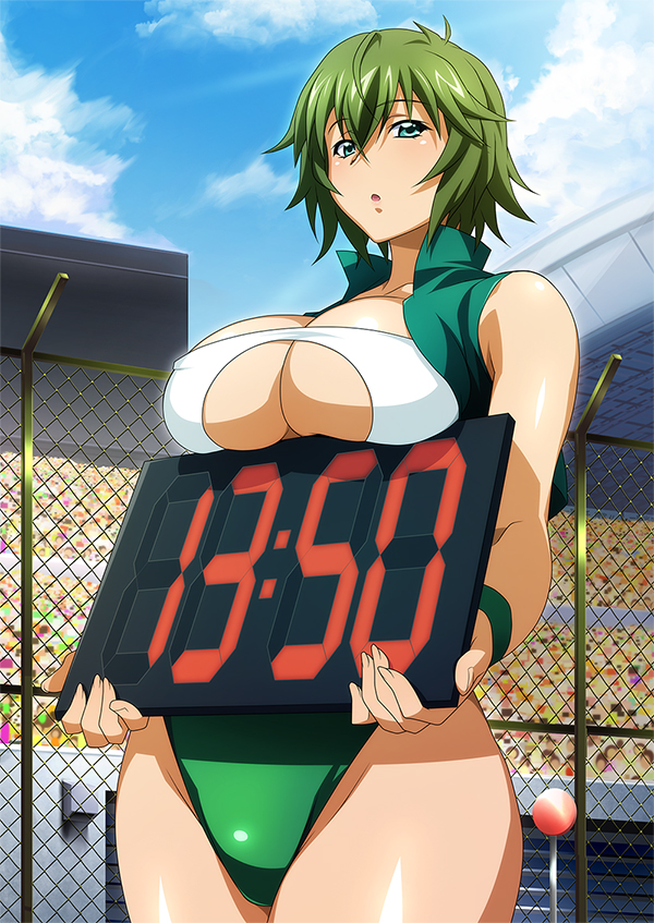 00s, 1girl, breasts, curvy, female_focus, green_hair, ikkitousen, kyocho_chuukou, large_breasts, leotard, looking_at_viewer, shiny_skin, short_hair, sky
