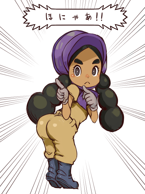!, !!, 10s, ass, black_hair, blush, closed_mouth, dark_skin, e10, gaki_deka, gloves, hapu_(pokemon), hat, long_hair, nintendo, npc_trainer, parody, pokemon, pokemon_sun_and_moon, text_focus, translation_request